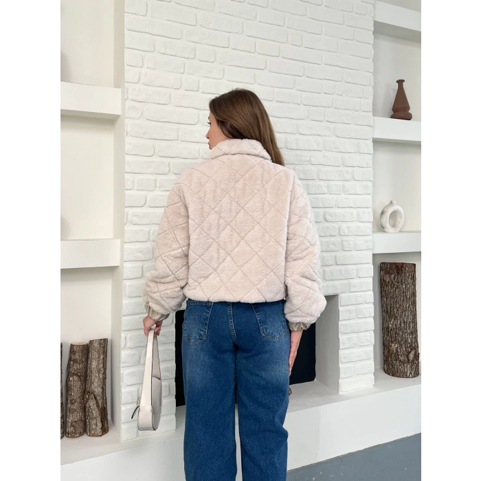Desenlı Yumoş Fermuarlı Ceket Pudra Pembe
