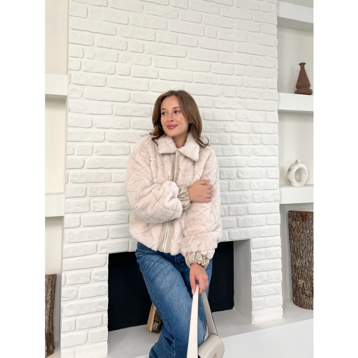 Desenlı Yumoş Fermuarlı Ceket Pudra Pembe