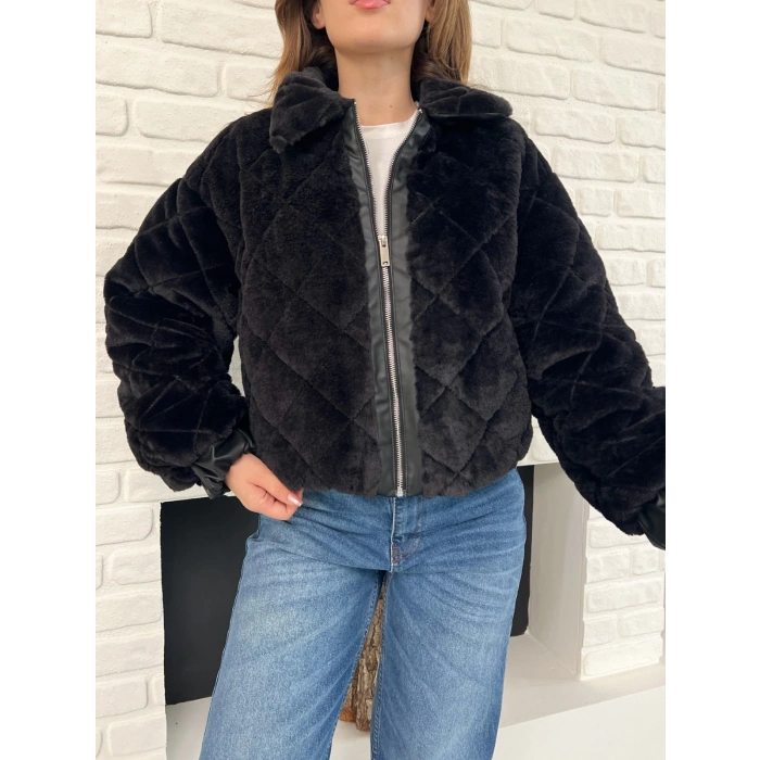 Desenlı Yumoş Fermuarlı Ceket Siyah