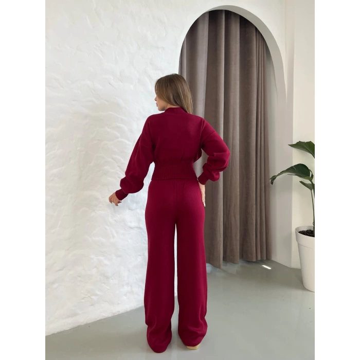 Dik Yaka Büzgü Bel Triko Takım Bordo