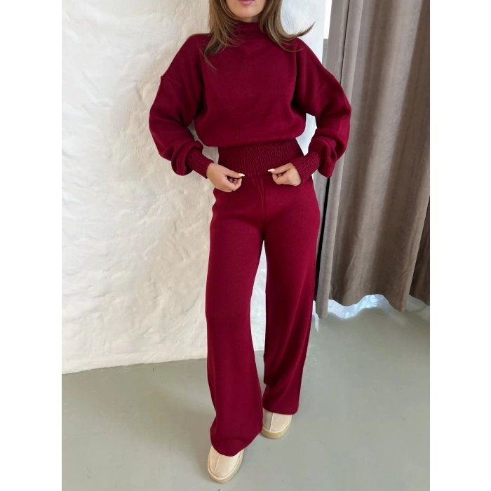 Dik Yaka Büzgü Bel Triko Takım Bordo