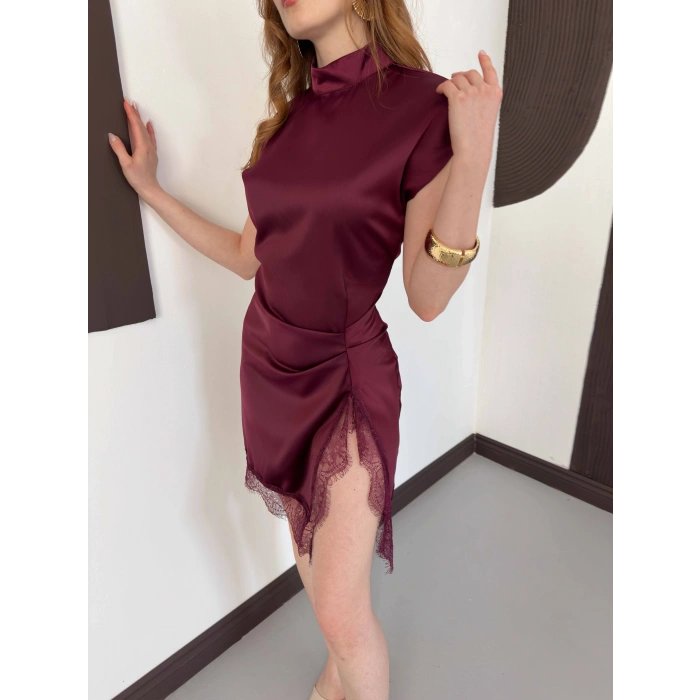 Dik Yaka Dantel Detay Saten Mini Elbise Bordo