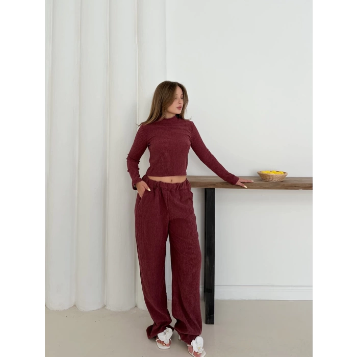 Dik Yaka Pantolonlu Takım Bordo