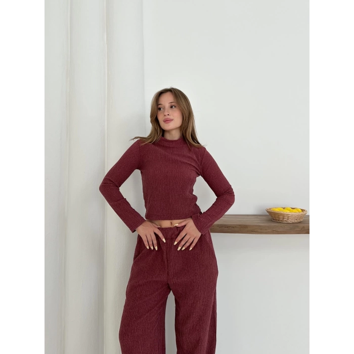 Dik Yaka Pantolonlu Takım Bordo