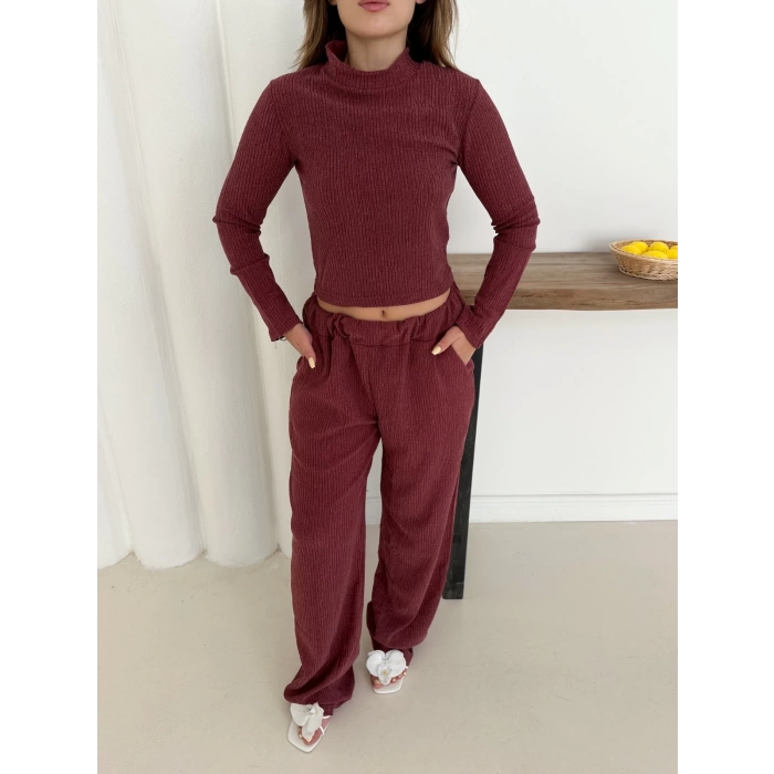Dik Yaka Pantolonlu Takım Bordo