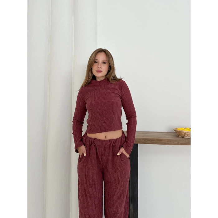 Dik Yaka Pantolonlu Takım Bordo