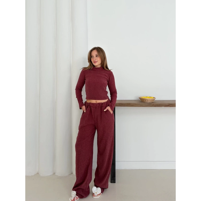 Dik Yaka Pantolonlu Takım Bordo
