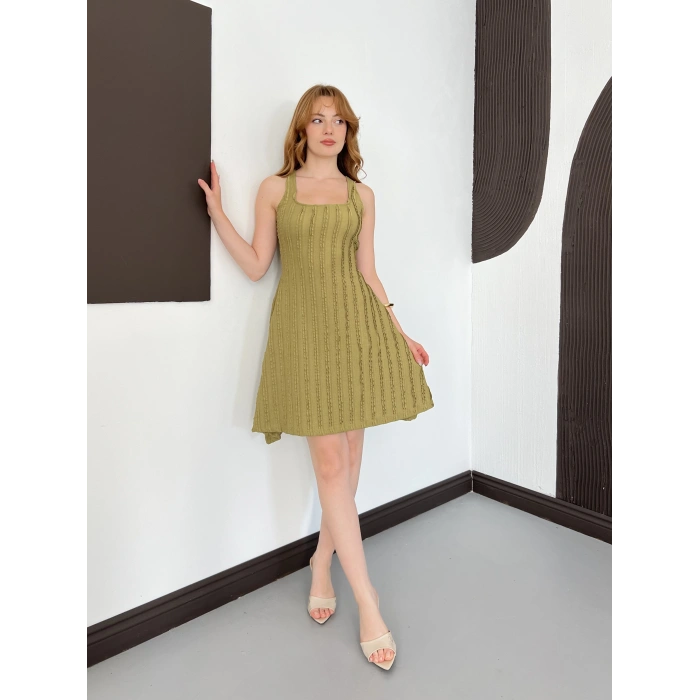Dikiş Detaylı Asimetrik Mini Elbise Haki