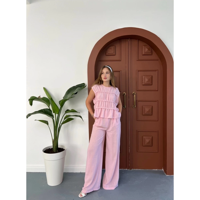 Dikiş Detaylı Sıfır Kol Keten Takım Pembe