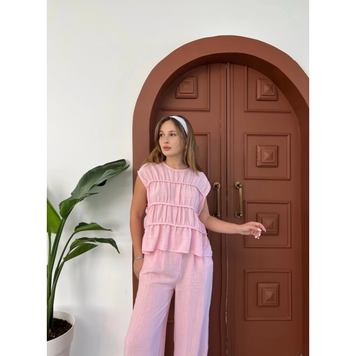 Dikiş Detaylı Sıfır Kol Keten Takım Pembe