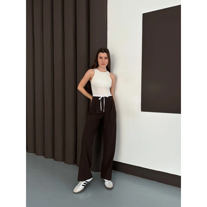 Double Kumaş Bol Paça Pantolon Acı Kahve