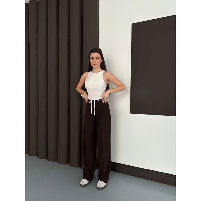 Double Kumaş Bol Paça Pantolon Acı Kahve