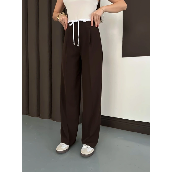 Double Kumaş Bol Paça Pantolon Acı Kahve