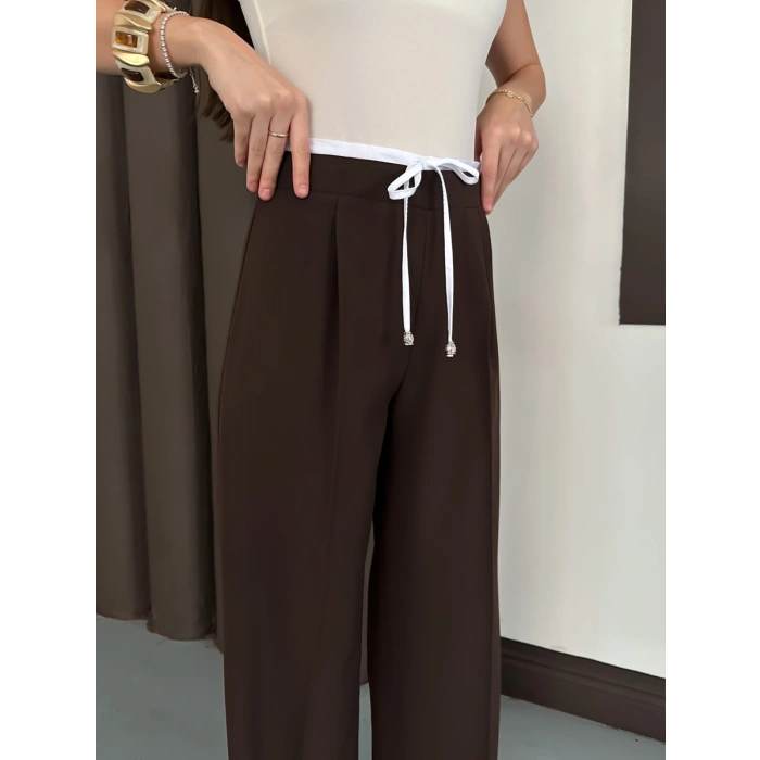 Double Kumaş Bol Paça Pantolon Acı Kahve