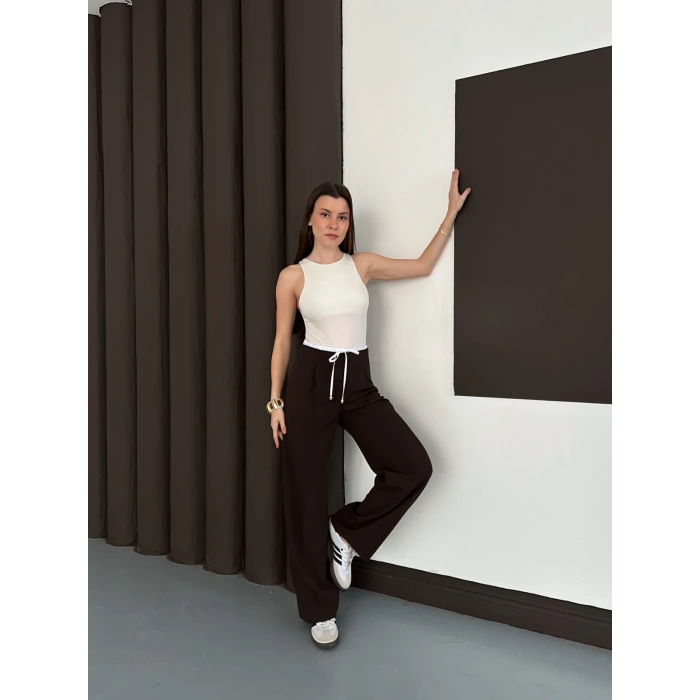 Double Kumaş Bol Paça Pantolon Acı Kahve