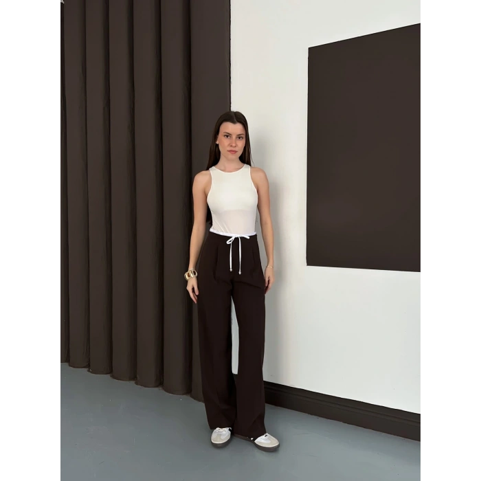 Double Kumaş Bol Paça Pantolon Acı Kahve