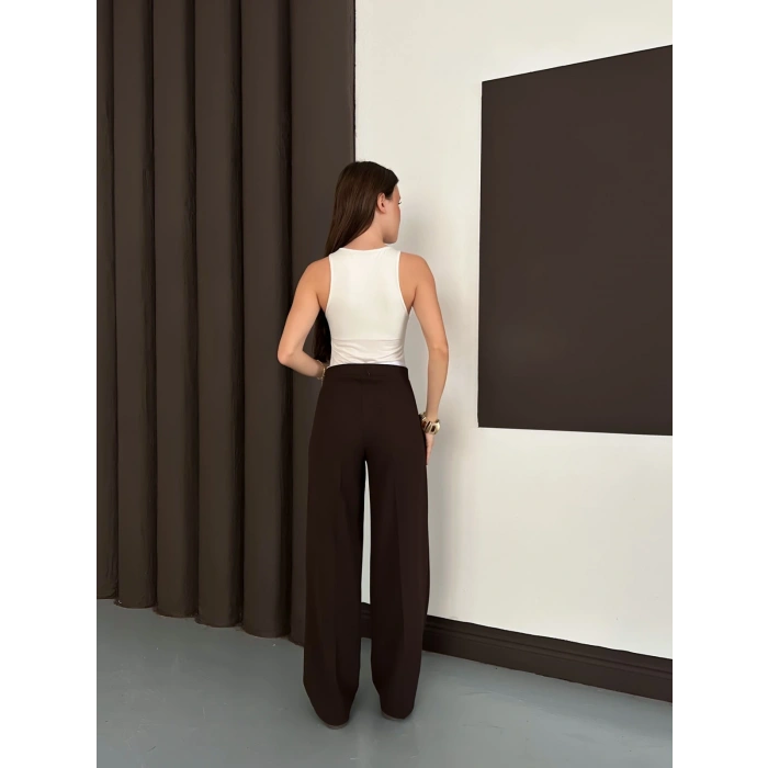 Double Kumaş Bol Paça Pantolon Acı Kahve