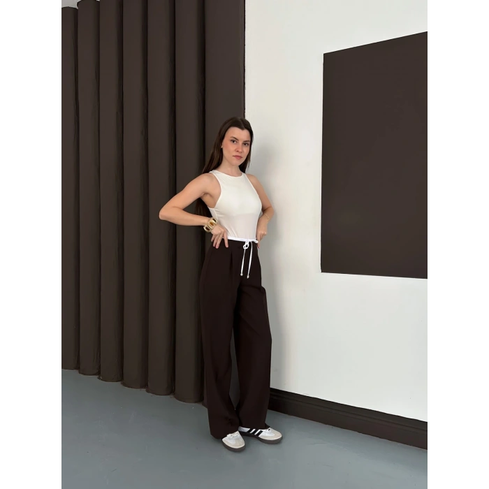 Double Kumaş Bol Paça Pantolon Acı Kahve