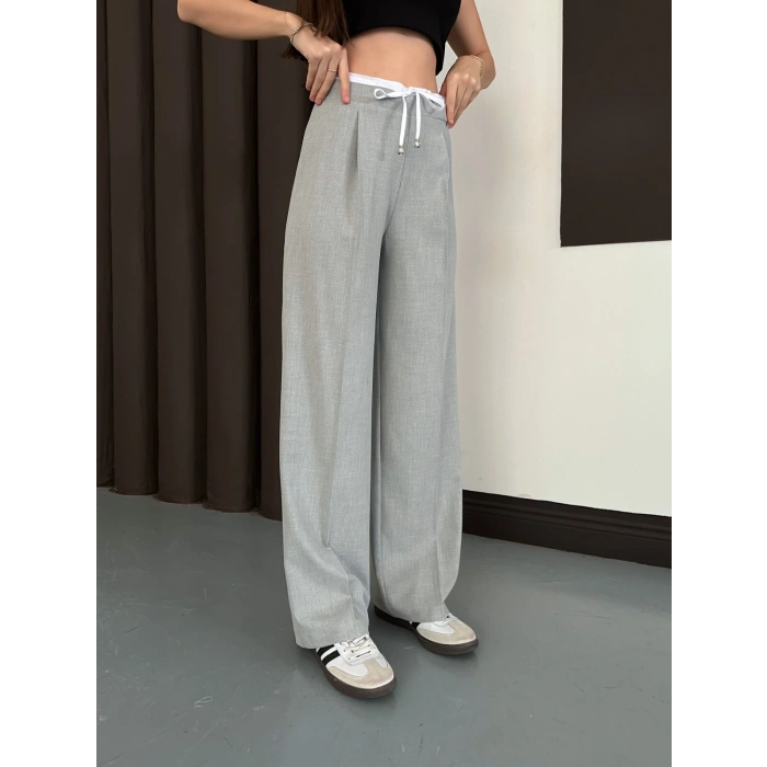 Double Kumaş Bol Paça Pantolon Gri