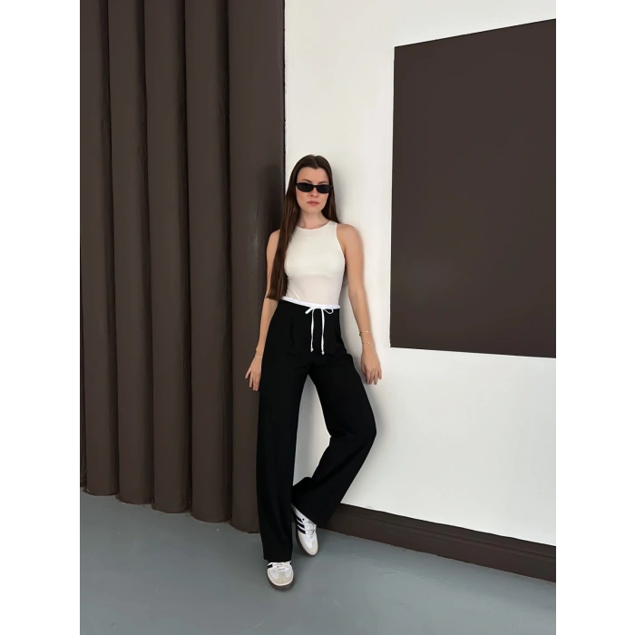 Double Kumaş Bol Paça Pantolon Siyah