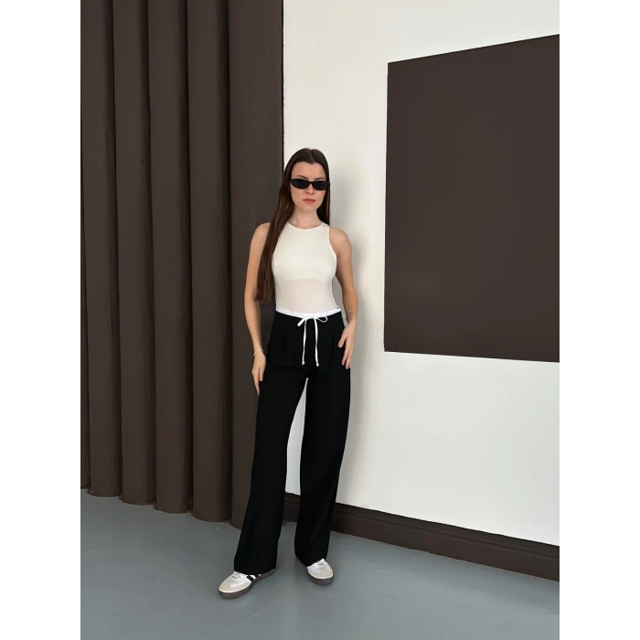 Double Kumaş Bol Paça Pantolon Siyah