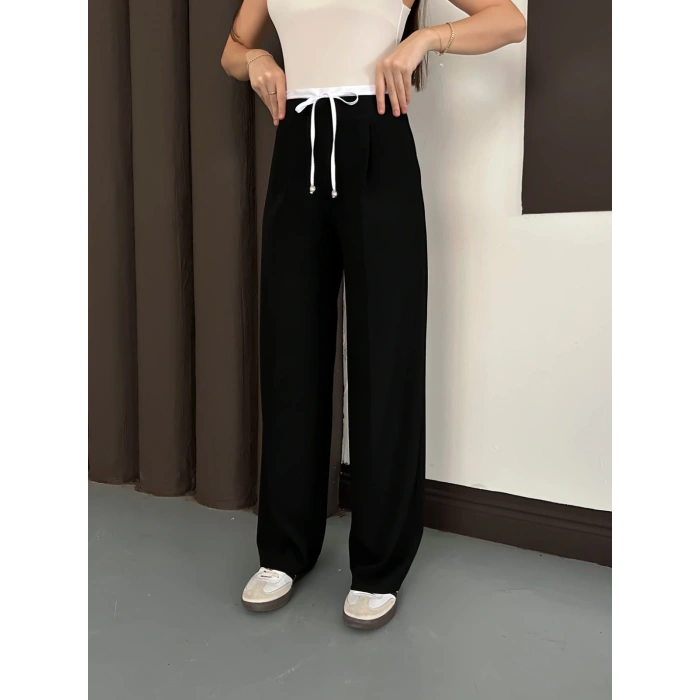 Double Kumaş Bol Paça Pantolon Siyah