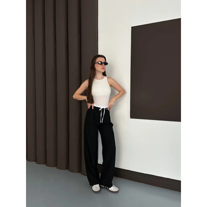 Double Kumaş Bol Paça Pantolon Siyah