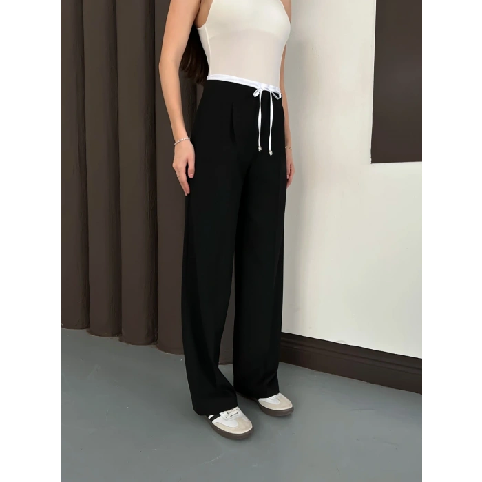 Double Kumaş Bol Paça Pantolon Siyah