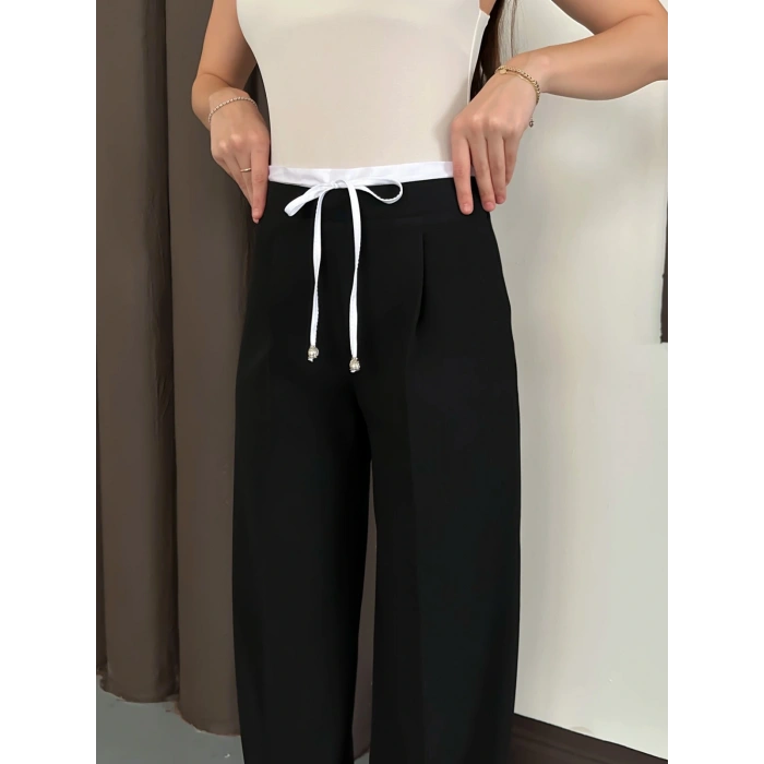 Double Kumaş Bol Paça Pantolon Siyah