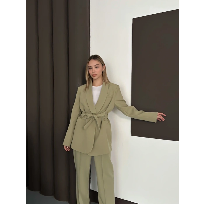 Double Kumaş Kuşaklı Takım Haki