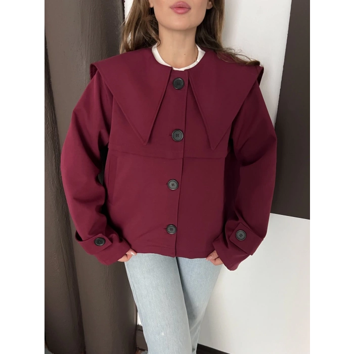 Düğme Detay Bebe Yaka Kısa Ceket Bordo