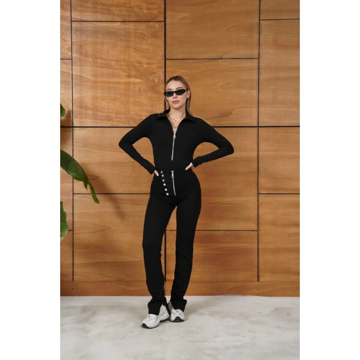 Düğme Detay Fermuarlı Paça Yırtmaçlı Pantolon