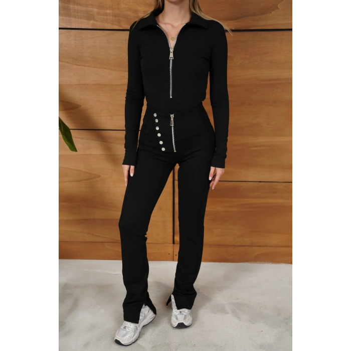 Düğme Detay Fermuarlı Paça Yırtmaçlı Pantolon