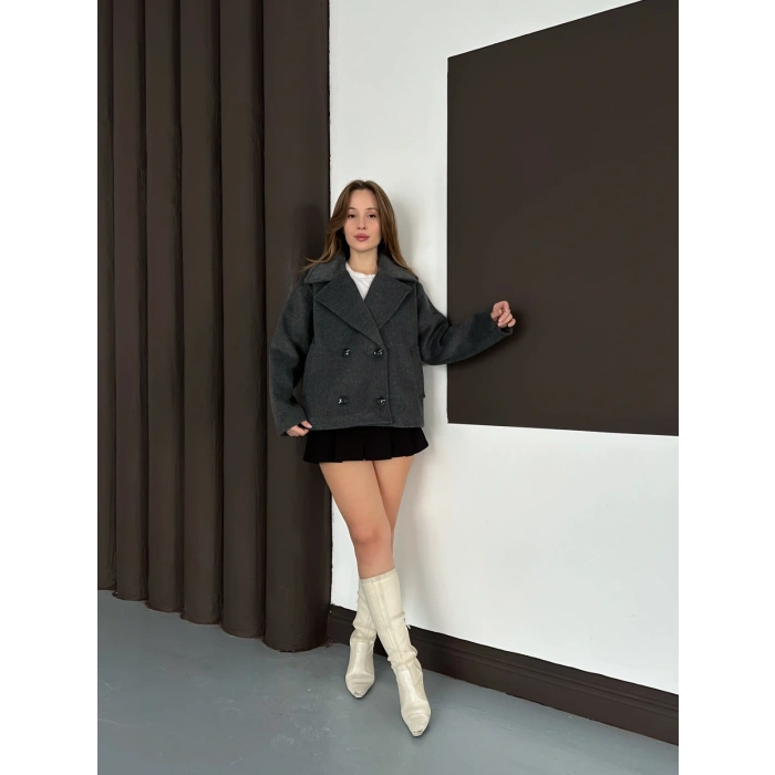 Düğme Detay Kısa Kaşe Ceket Antrasit