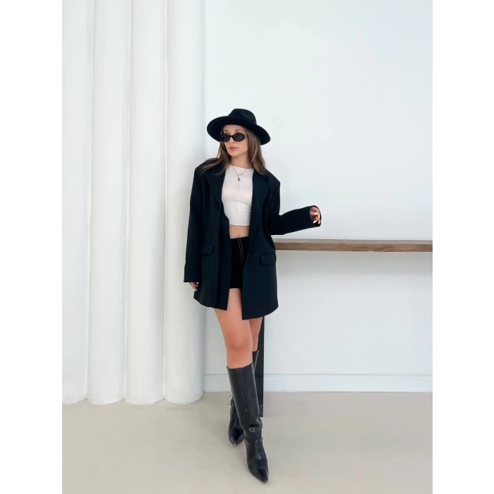 Düğme Detay Kruvaze Yaka Blazer Ceket Siyah