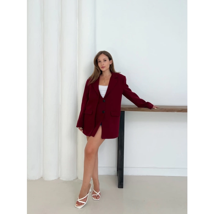 Düğme Detay Kruvaze Yaka Blazer Ceket Kırmızı