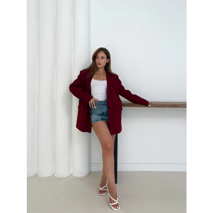 Düğme Detay Kruvaze Yaka Blazer Ceket Kırmızı