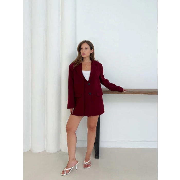Düğme Detay Kruvaze Yaka Blazer Ceket Kırmızı