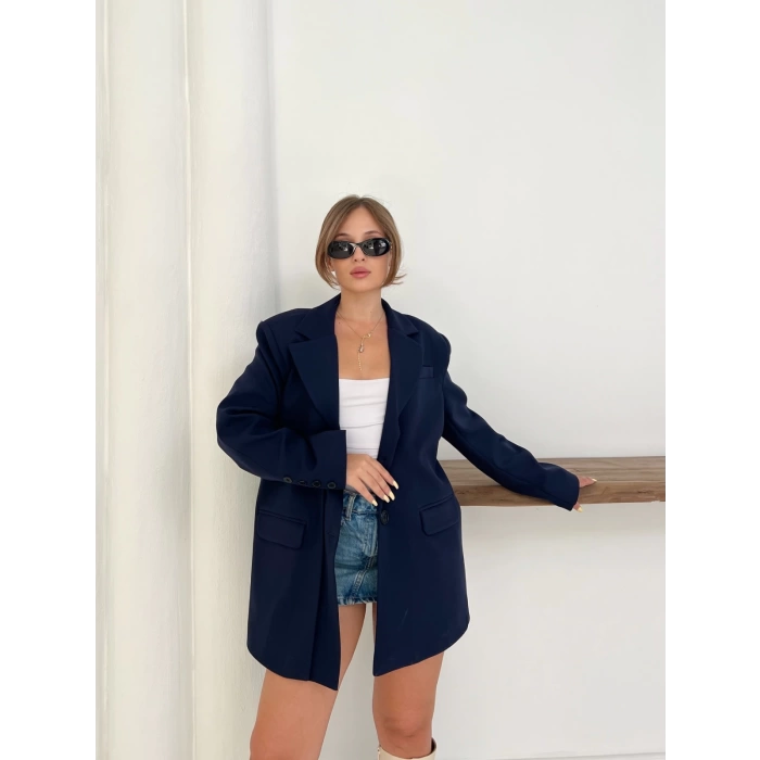 Düğme Detay Kruvaze Yaka Blazer Ceket Lacivert