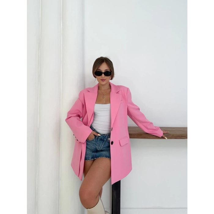 Düğme Detay Kruvaze Yaka Blazer Ceket Pembe