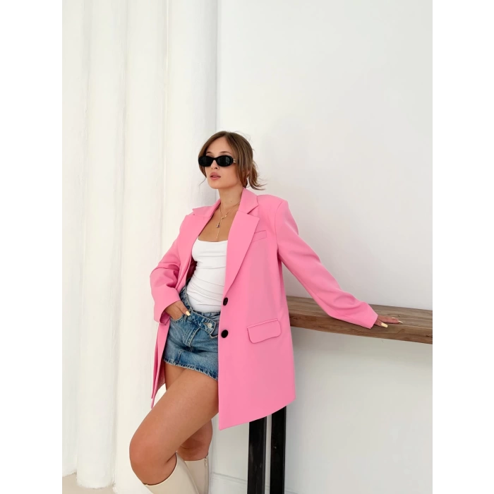 Düğme Detay Kruvaze Yaka Blazer Ceket Pembe