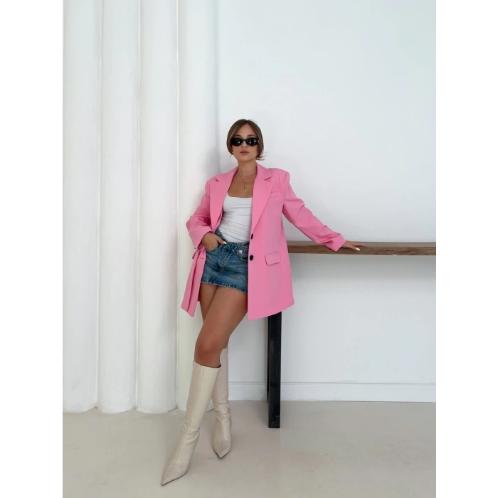 Düğme Detay Kruvaze Yaka Blazer Ceket Pembe
