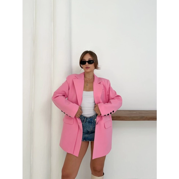 Düğme Detay Kruvaze Yaka Blazer Ceket Pembe