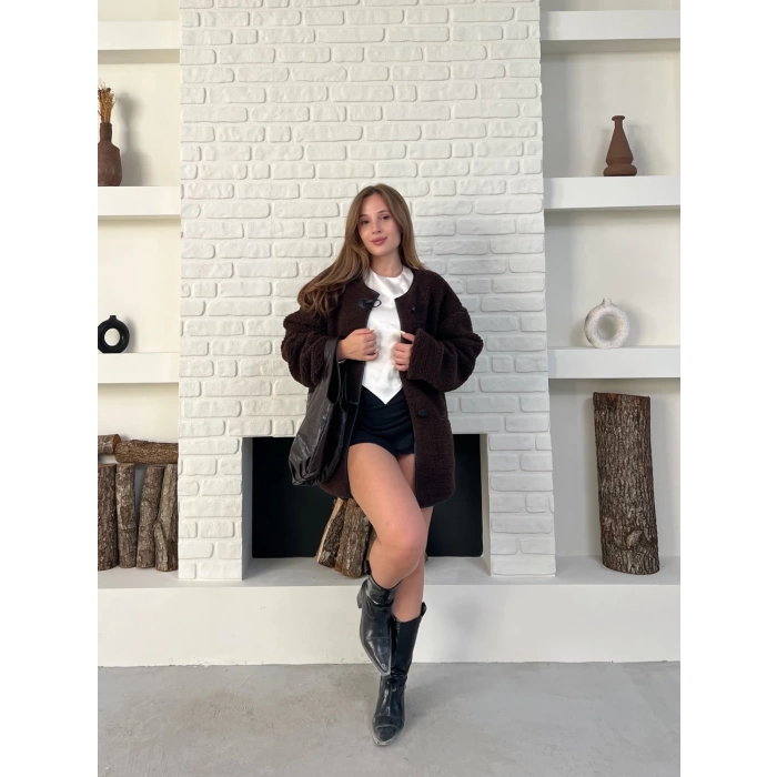 Düğme Detay Teddy Oversize Ceket Kahverengi