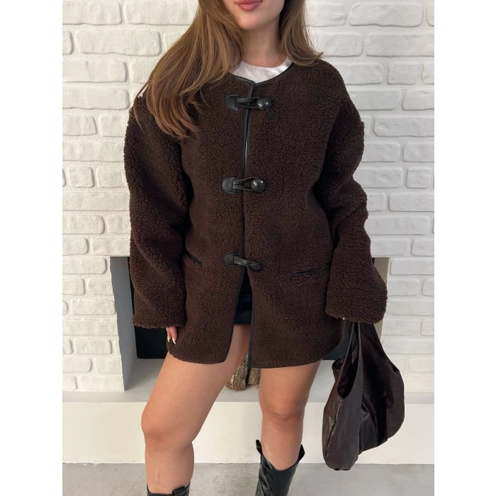 Düğme Detay Teddy Oversize Ceket Kahverengi