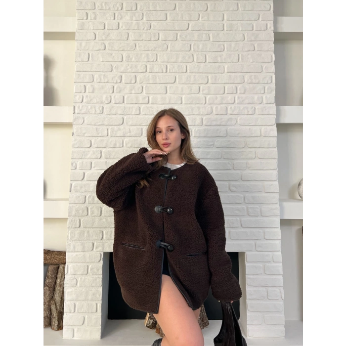 Düğme Detay Teddy Oversize Ceket Kahverengi