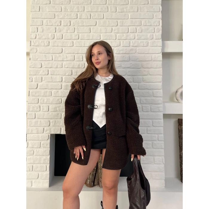 Düğme Detay Teddy Oversize Ceket Kahverengi