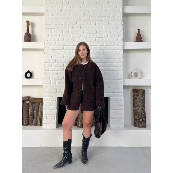 Düğme Detay Teddy Oversize Ceket Kahverengi