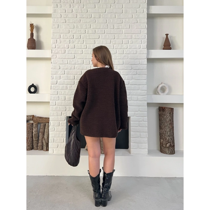 Düğme Detay Teddy Oversize Ceket Kahverengi