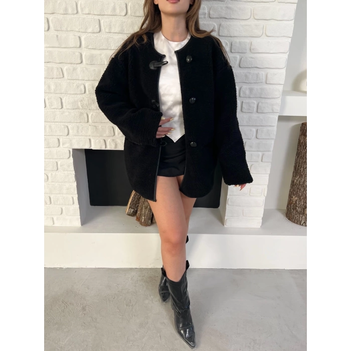 Düğme Detay Teddy Oversize Ceket Siyah